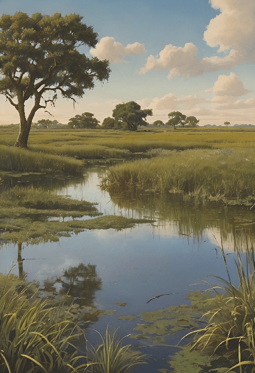 painting of a landscape of a swamp with a tree and a few clouds