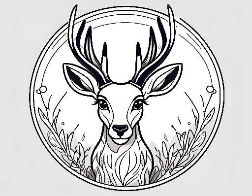 a black and white drawing of a deer with horns in a circle