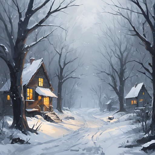 snowy scene of a cabin in the woods with a snow covered path