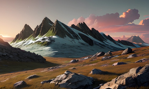 mountains with snow and rocks in a grassy area with a sunset