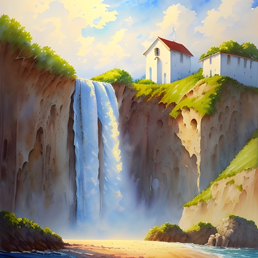 painting of a waterfall with a church on top of it