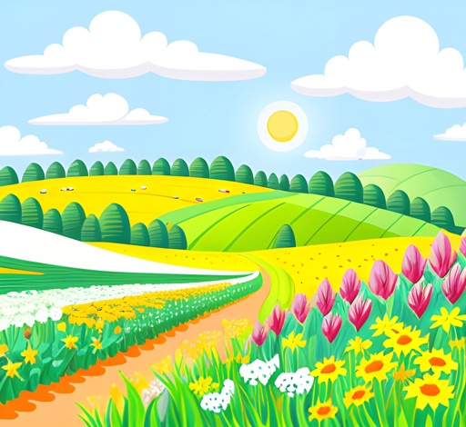 a cartoon of a farm with a path through the fields
