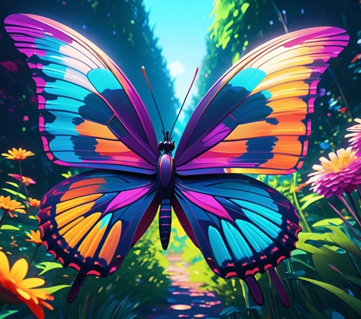 brightly colored butterfly in a garden with flowers and trees