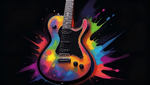 brightly colored electric guitar with a black body and neck