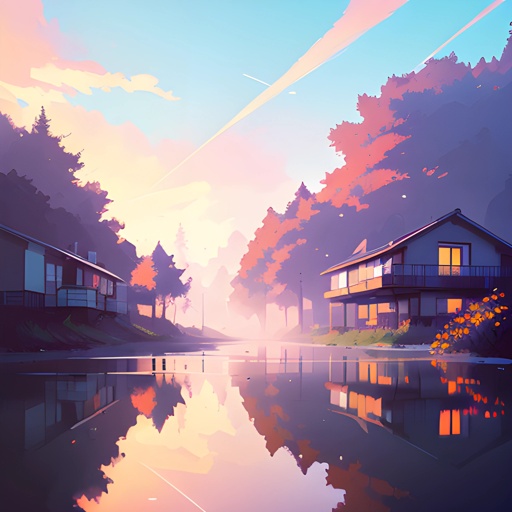 a painting of a house on the water with a reflection