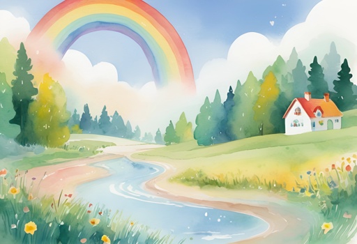 a watercolor painting of a rainbow over a river