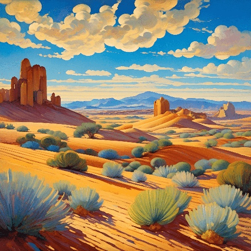 painting of desert scene with desert plants and rocks in the distance
