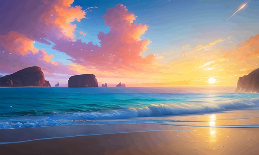 painting of a sunset over the ocean with a beach and rocks