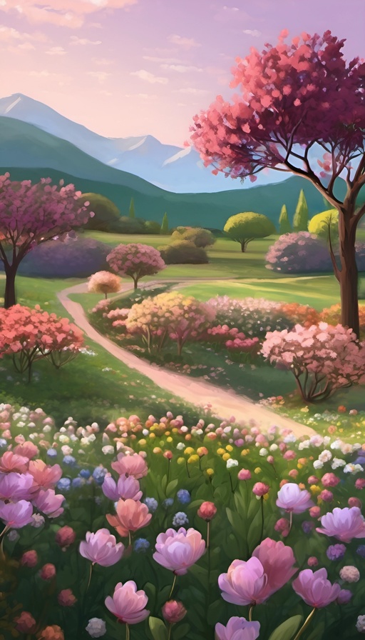 painting of a path through a field of flowers with a mountain in the background