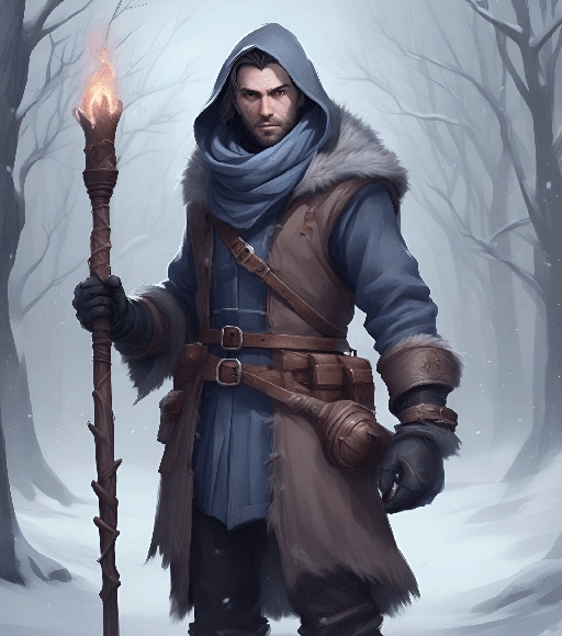 man in a hooded coat holding a torch in a snowy forest