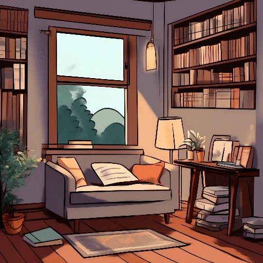 a drawing of a living room with a couch and a book shelf