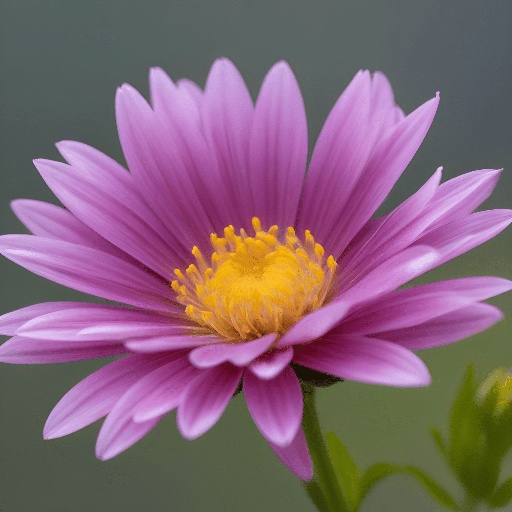 purple flower with yellow center and green stem in front of a gray background