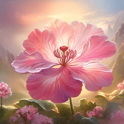 painting of a pink flower in a field of flowers with a sky background