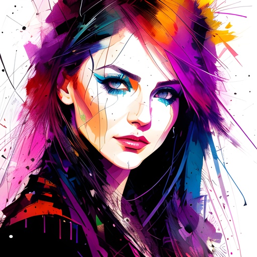painting of a woman with colorful hair and blue eyes