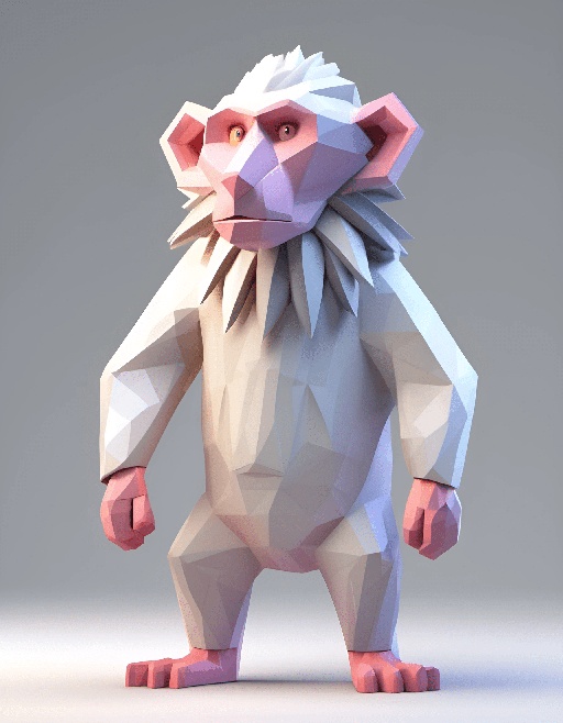 a close up of a low polygonal monkey standing on a white surface