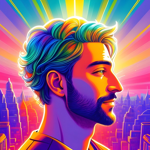a close up of a man with a beard and a colorful hair