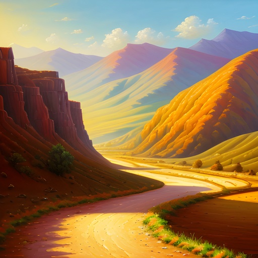 painting of a road winding through a valley with mountains in the background