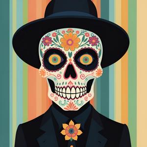 brightly colored day of the dead skull in a suit and hat