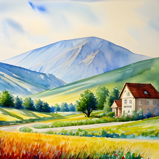 painting of a house in a field with a mountain in the background