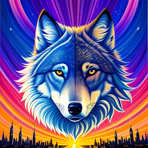 a close up of a wolf with a city in the background