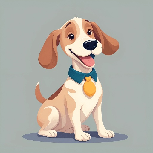 cartoon dog with a collar and a medal sitting on a gray surface