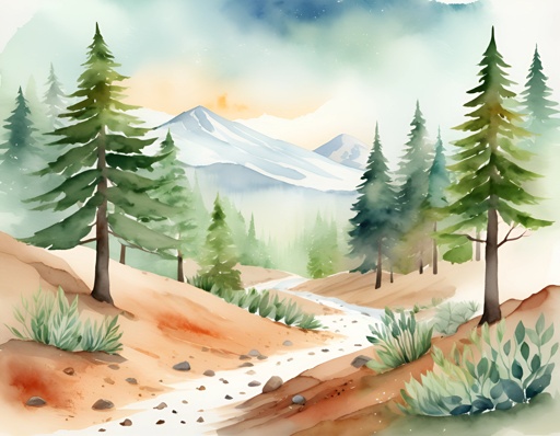 a painting of a mountain scene with trees and a stream