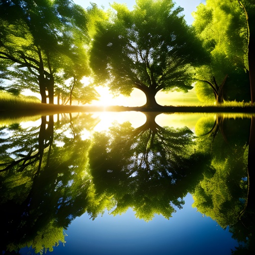 trees are reflected in a lake with the sun shining through the trees