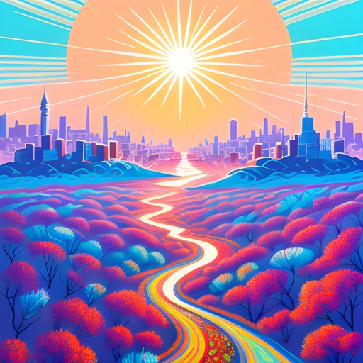 a brightly colored illustration of a road leading to a city