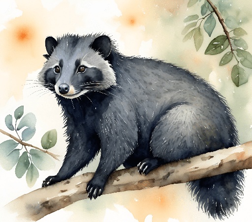 a watercolor painting of a raccoon sitting on a branch
