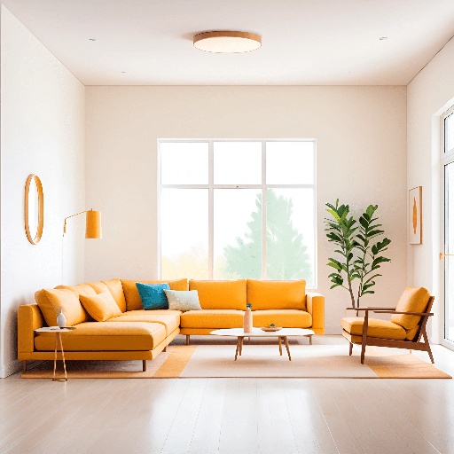 a yellow couch and a chair in a living room