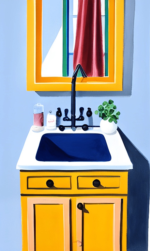 painting of a bathroom sink with a mirror and a plant