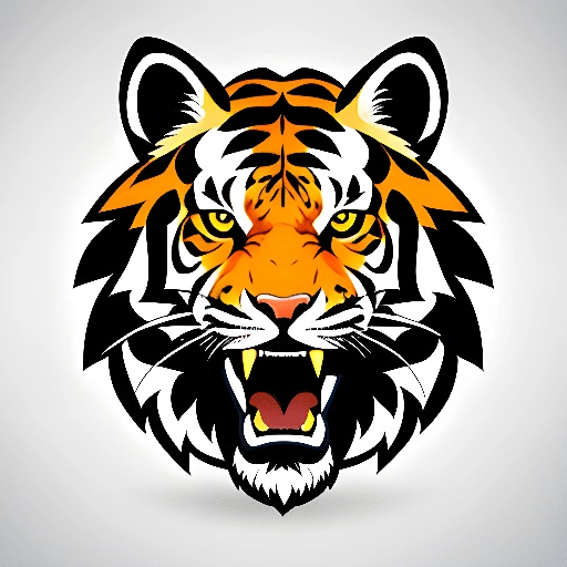 tiger head with open mouth and sharp teeth on white background