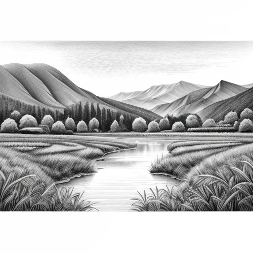 a drawing of a river with mountains in the background