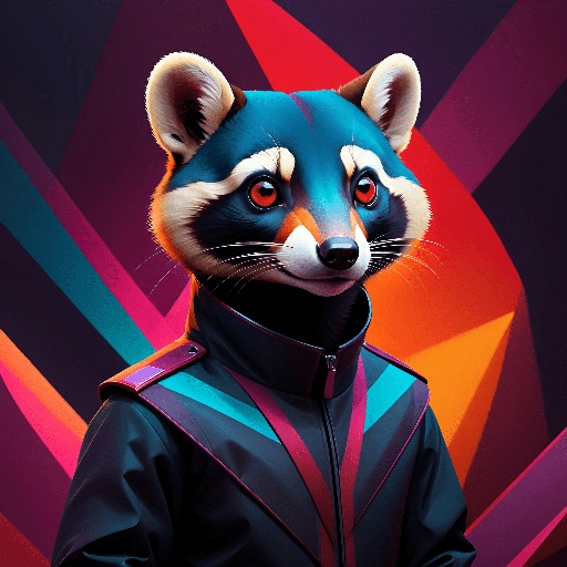 a raccoon in a suit with a red eye