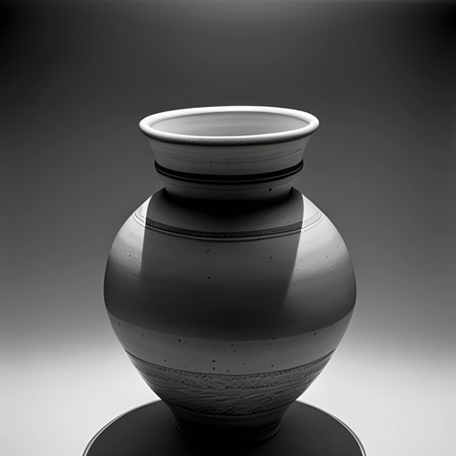 a black and white photo of a vase on a table