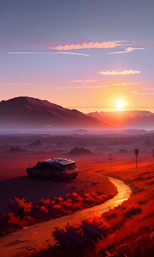 painting of a car driving down a dirt road in a desert