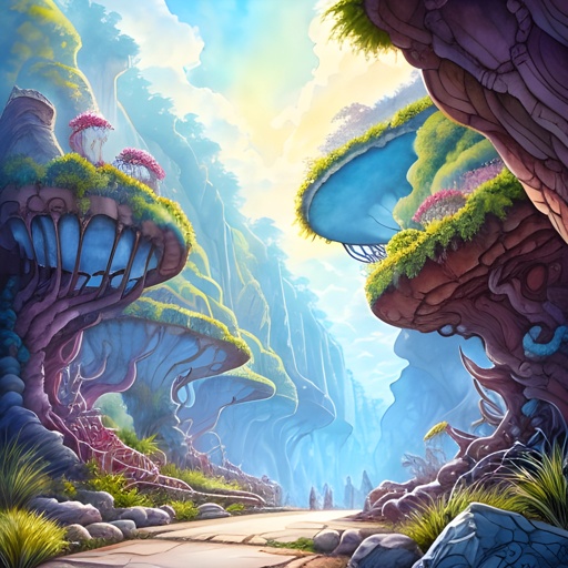 cartoon scene of a fantasy forest with a pathway leading to a waterfall