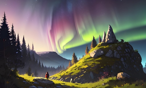 brightly colored aurora lights over a mountain and a person standing on a rock