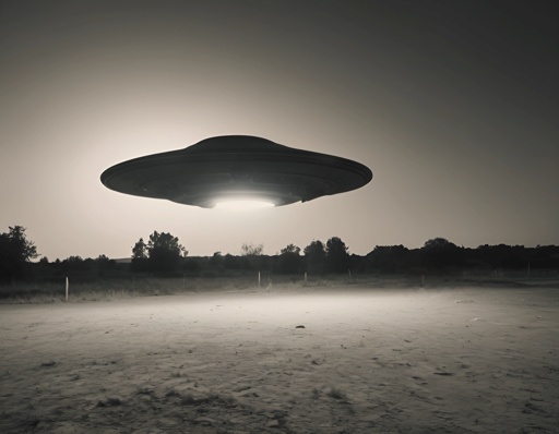 flying saucer in the middle of a field with trees in the background