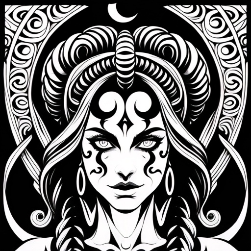 a black and white drawing of a woman with horns and a crescent