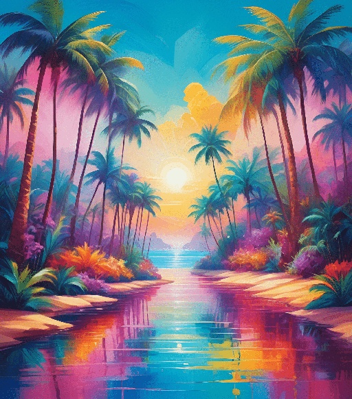painting of a tropical river with palm trees and a sunset