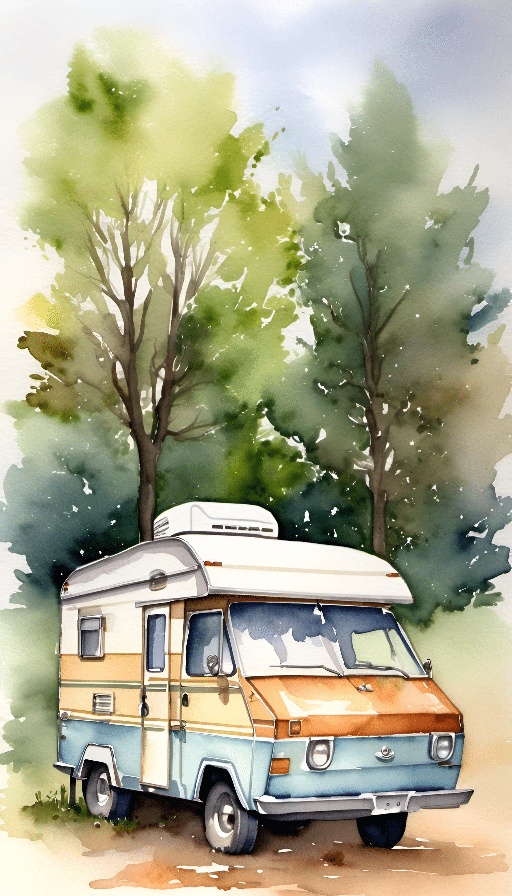 painting of a camper van parked in a wooded area