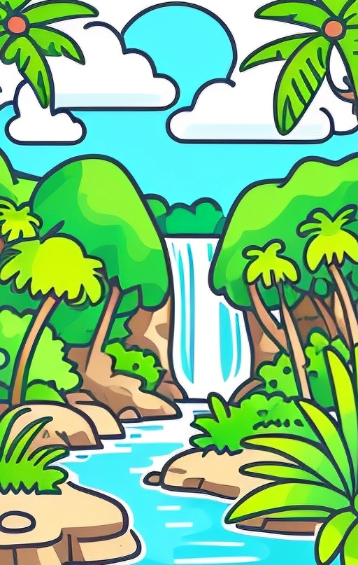 a cartoon illustration of a tropical waterfall surrounded by trees