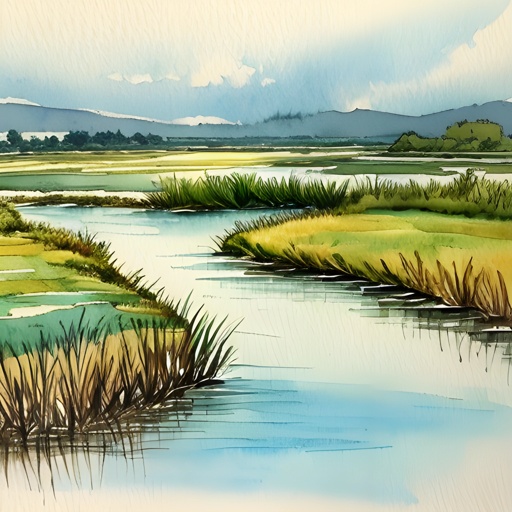 painting of a river with a few green grass and a few water