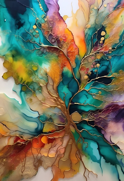 painting of a tree with colorful leaves and branches on a white surface