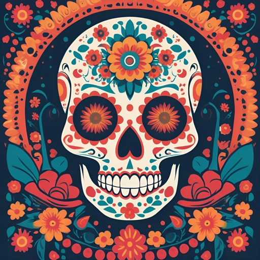 a close up of a skull with flowers on a blue background