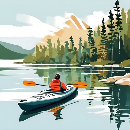 a man in a kayak on the water near a mountain