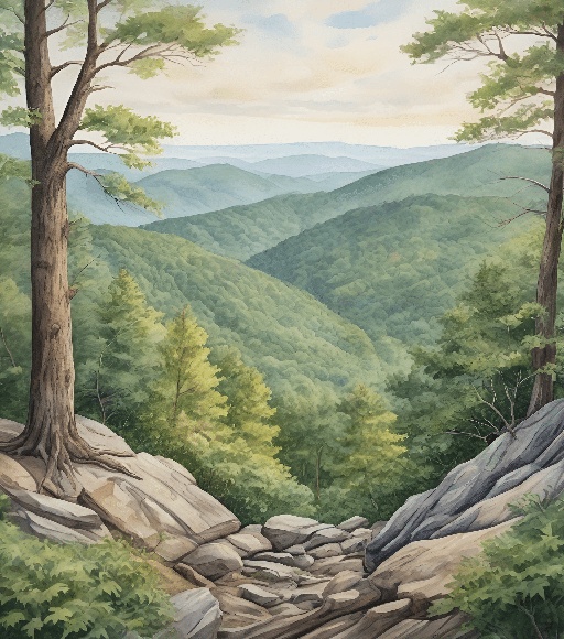 painting of a rocky path in the woods with trees and mountains in the background