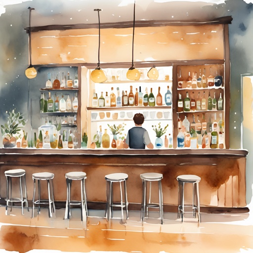 a painting of a bar with a man sitting at the bar