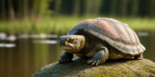 a turtle sitting on a rock by the water